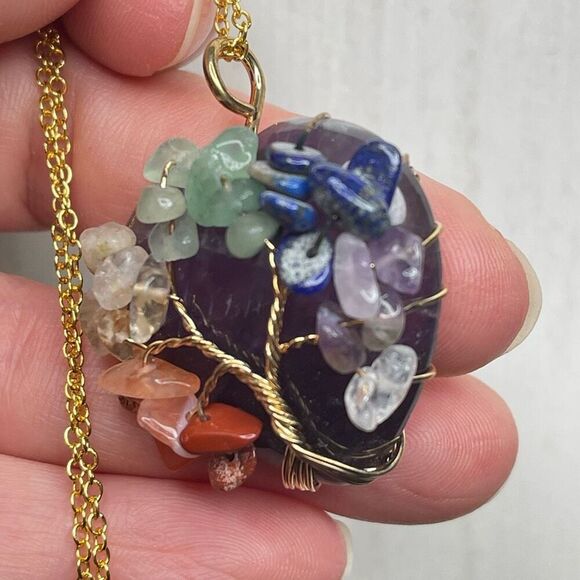 Tree Of Life chakra pendant crystal healing reiki heart amethyst gold tone chain - Picture 7 of 10